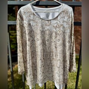 Chico's Cream and Brown Patterned Long Sleeve Top